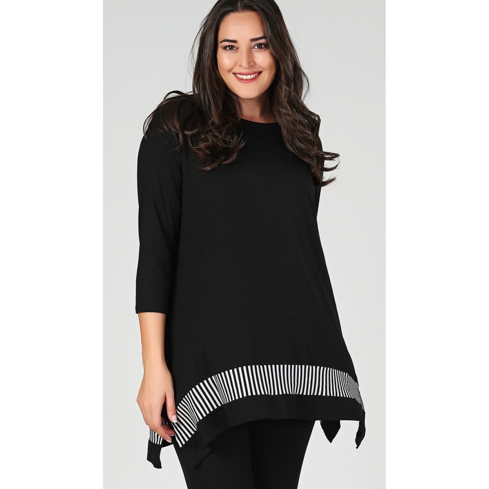 Tekbika by Alembika Tunic Women S Black Striped Hem 3/4 Sleeve Top Swing Trapeze